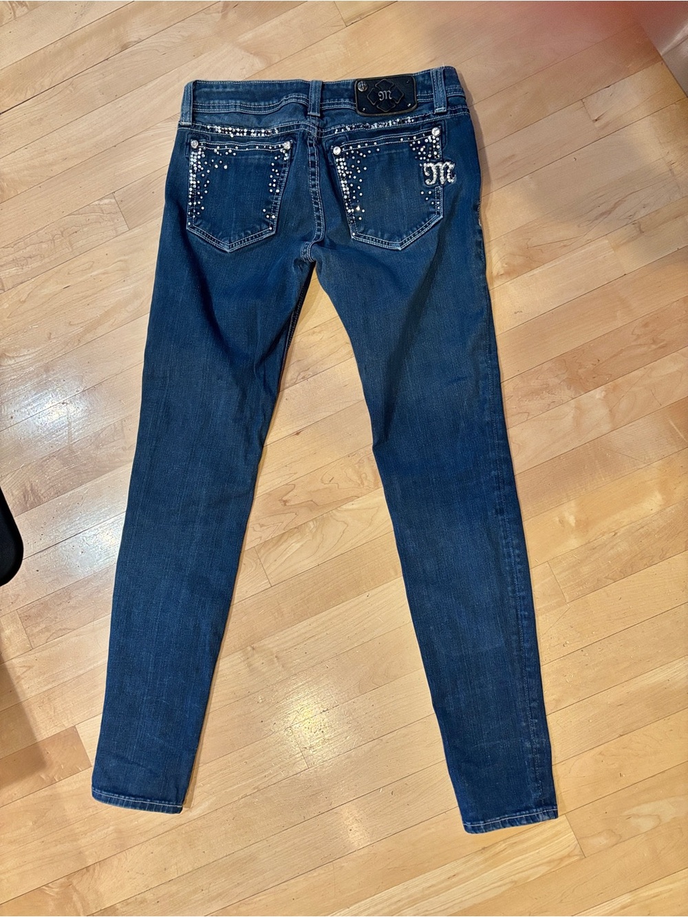 Miss Me Medium-Dark Blue Skinny Jeans with Rhinestone Trim - Picture 13 of 16